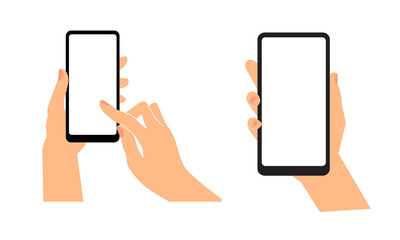 A smartphone in a human hand. A mobile phone with an empty screen is held by a human hand