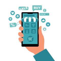 Mobile application of online sales. Smartphone in hand with an open online store