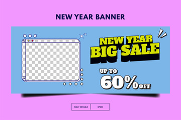 Horizontal banner template. Social media promotion template. New year sale 80s retro post template. Memphis social media design. banner template design with space for photo