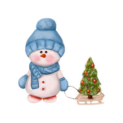 Merry christmas and happy new year greeting card with copy-space.Happy snowman