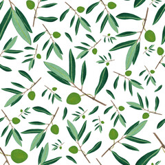 Watercolor seamless olive pattern. Beautiful hand drawn texture and wallpaper. Rich background of an olive branches on white for web pages, shop, Instagram, prints etc. Watercolor raster illustration.