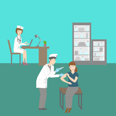 The doctor in the medical office vaccinates the patient, the nurse works at the computer