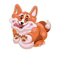 Welsh Corgi. A cheerful dog jumps with its tongue hanging out. Funny print for T-shirts, notebooks, covers, bags, mugs, postcards, textiles.   White background.