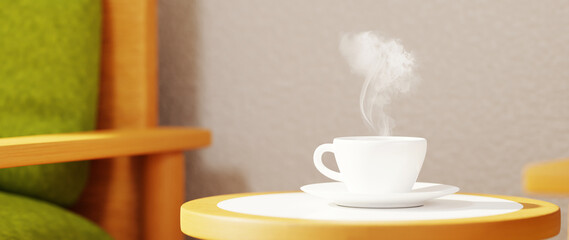 3D render of coffee cup or chocolate with smoke at home cafe or office on blur background.