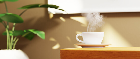 3D render of coffee cup or chocolate with smoke at home cafe or office on blur background.