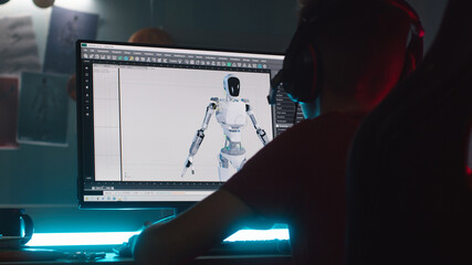 Anonymous teenager in headphones making 3D model of robot on computer while creating cartoon at...