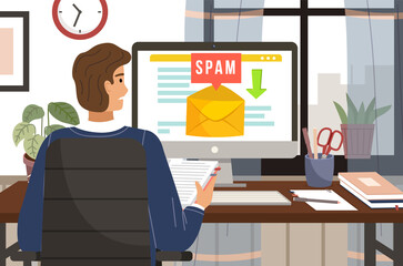 Spam email warning window appear on screen. Concept of virus, piracy, hacking and security. Man receives email with spam. Protection, anti-malware software. Mailing of advertising correspondence