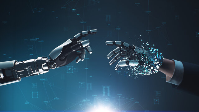 3D Render of robotic hand reaching out and touching businessman to change human into cyborg against dark blue background