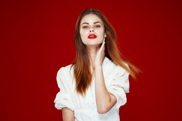 Fototapeta premium pretty woman fashion hairstyle posing red lips isolated background