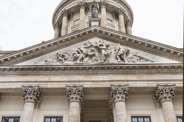 Architectural fragments of New Church (Neue Kirche or Deutscher Dom, 1708) at the Gendarmenmarkt across from French Church. Berlin, Germany.