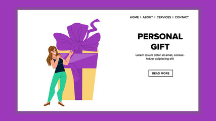 Personal Gift Box Getting Happy Young Woman Vector. Personal Gift Get Girl On Birthday Or Christmas Event Holiday. Character With Present Package Decorated Ribbon And Bow Web Flat Cartoon Illustration