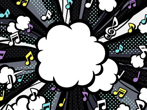 音符と爆発の煙の背景イラスト_アメコミ風_黒
