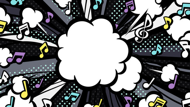 音符と爆発の煙の背景イラスト_アメコミ風_黒_16:9