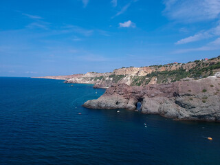 Fototapeta na wymiar Panoramic view of Cape Fiolent from a bird's-eye view, sea view of the Crimean peninsula