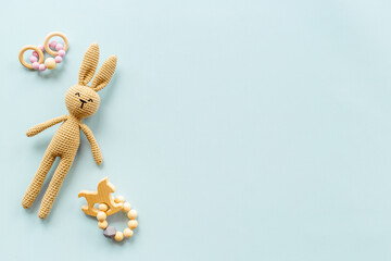 Baby wooden accessories with rabbit toy, top view