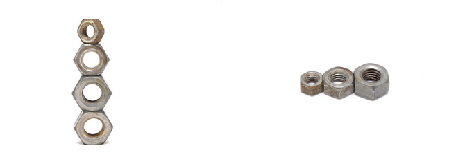 Rusty nuts on white background close-up. steel, thread, fasteners, industry, engineering, mechanical engineering, carving 