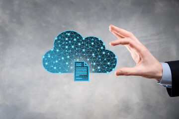 Cloud technology. Polygonal wireframe cloud storage sign with document icon on dark blue. Cloud...