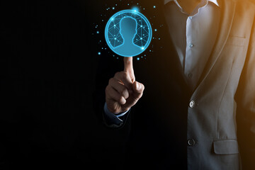 Businessman holding on hand icon of user man,woman low poly polygon style. Internet icons interface...