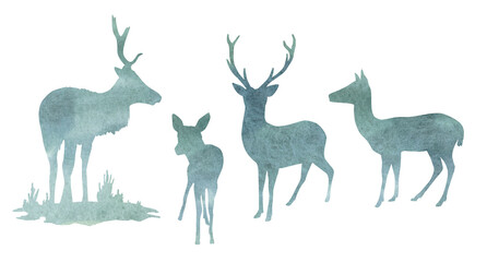 Watercolor deer silhouette with watercolor texture set. Hand drawn buck, doe, fawn deer sketch. Woodland animals drawing isolated on white background. Fairy reindeer for cards, decoration, Christmas.