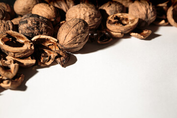 Empty walnut shell frame. Textured nut border with white place background. Business card. Mockup design certificate. Alternative fuel. Copy space. Waste food. Brown color. Template. Banner. Side view