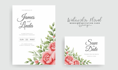 Elegant hand-drawn Floral wedding invitation card template design with Beautiful watercolor rose bouquet wreath leaves painting