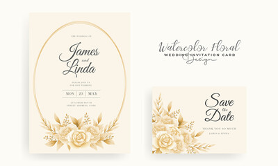 Botanic wedding invitation cards template design with watercolor flowers and bouquet wreath leaves