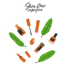 Hand drawn calligraphy Skin care and natural cosmetic collection of different products. Orange bottles and tubes with green palm leaves in flat style. Illustration isolated on white