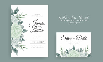 Elegant hand-drawn Floral wedding invitation card template design with Beautiful watercolor rose bouquet wreath leaves painting 