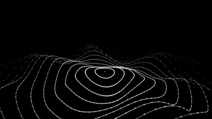 Abstract circle wave with moving dots. Flow of particles. Dark cyber technology illustration. Vector illustration.