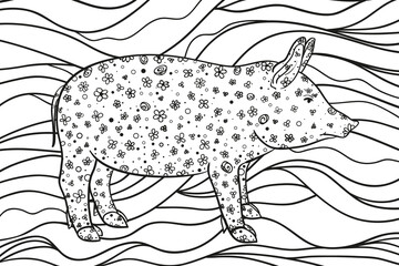 Wavy wallpaper with pig. Zentangle. Hand drawn ornaments on white. Abstract patterns on isolated background. Design for spiritual relaxation for adults. Line art creation. Black and white illustration