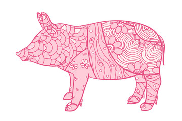Pig on white. Zen art. Zentangle. Hand drawn animal with intricate patterns on isolated background. Design for spiritual relaxation for adults. Print for banners, posters, t-shirts and textiles