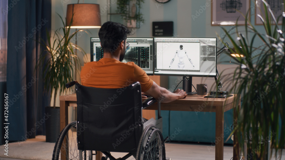 Poster back view of unrecognizable male developer with disability sitting on wheelchair and rendering 3d mo