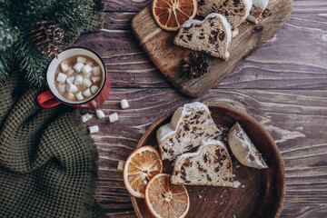 Christmas flat lay cake on a wooden table