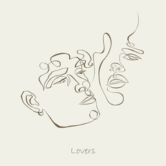 Couple faces. One line drawing. Continuous line. Sensual love