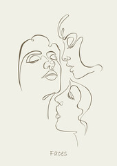 Threesome, love triangle. One line drawing. Continuous line. Sensual love