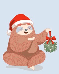 Christmas illustration with sloth in santa's hat holding mistletoe. Children's illustrations. Christmas card design