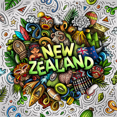 New Zealand hand drawn cartoon doodle illustration. Funny local design.