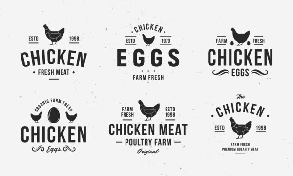 Hen, Chicken logo set. Collection of vintage chicken emblems, labels for package, butchery, grocery store design. Chicken eggs, meat logo templates. Vector illustration