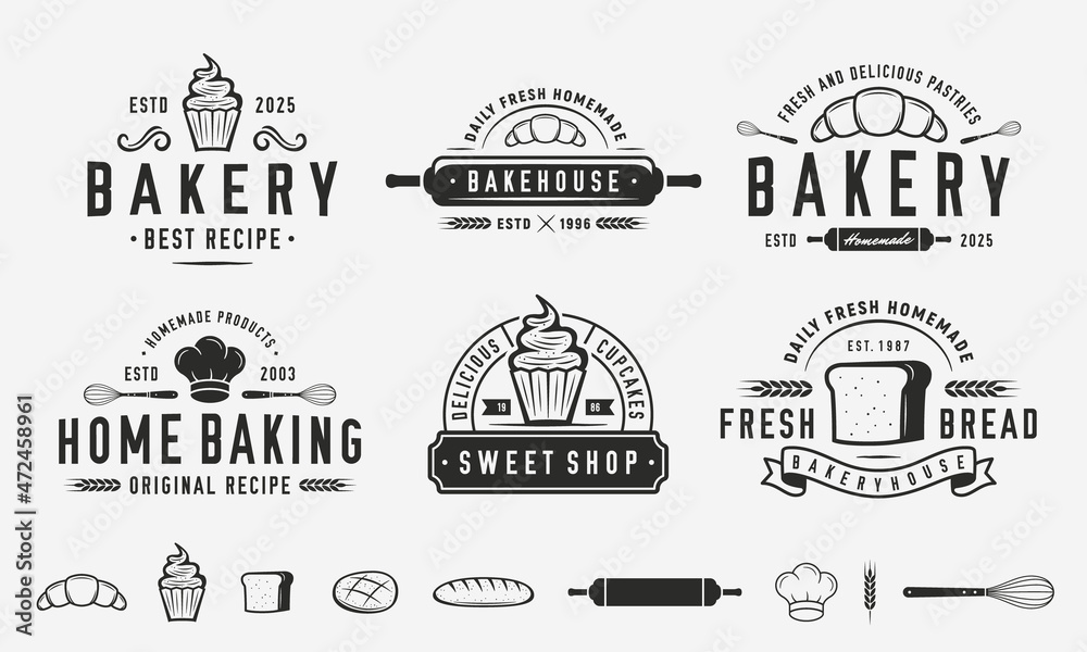 Wall mural bakery logo set. 6 emblem templates and 13 design elements for bakery logo design. vintage logo coll