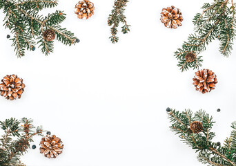 Christmas background. Spruce branches and cones on the background. New Year - obrazy, fototapety, plakaty