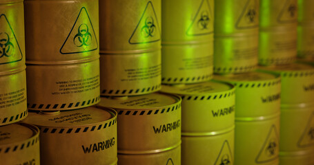 radioactive waste in barrels, nuclear waste repository, 3d render