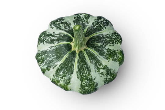 Green pattypan squash pumpkin or patisson isolated on white background with a clipping path. Vegetable for healthy nutrition. Horizontal shot. Flat lay.