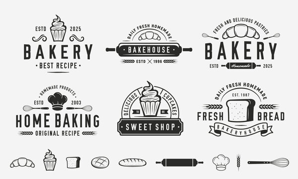 Bakery logo set. 6 emblem templates and 13 design elements for Bakery logo design. Vintage logo collection for bakery. Vector illustration