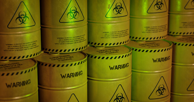 radioactive waste in barrels, nuclear waste repository, 3d render