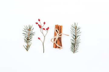 White background with fir branches, red berries and cinnamon in tubes.