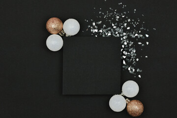 Christmas black background with place for your text, roger toys and glass mirror crumb © Anastasiya
