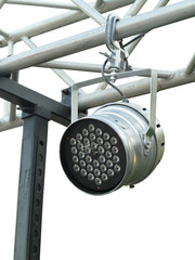 Old spotlights projectors on stage structural elements isolated over white background