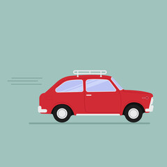 Red car in move. Flat cartoon style vector illustration. 