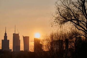 sunset and view of the skyscrapers in the center of Warsaw