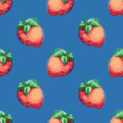Strawberry abstract hand drawn seamless pattern on blue  background for typography, textiles or packaging design. 